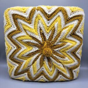 Vtg Crochet Square Granny Throw Pillow Yellow White Yarn Ruffled Handmade